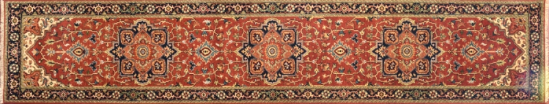 Serapi runner 2' 6" by 12' 0" rug with medallion pattern from India - Rust & Navy Blue