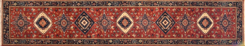 Karajeh runner 2' 6" by 11' 10" rug with geometric pattern from India - rust & navy blue
