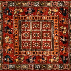 Pazyryk square 3' 10" by 4' 0" rug with geometric pattern from Afghanistan - red & navy blue