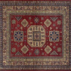 Kazak square 6' 0" by 6' 0" rug with geometric pattern from Pakistan - Red & Ivory