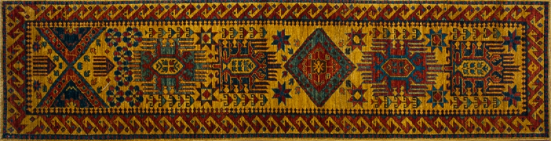 Kazak runner 2' 6" by 9' 8" rug with geometric pattern from Afghanistan - mustard & rust